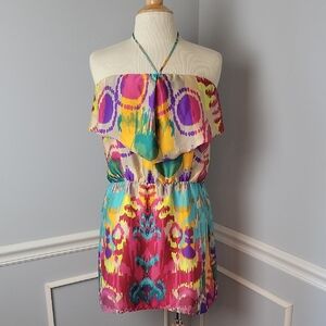 GLAM Multi-Color Southwestern Abstract Halter Strapless Casual Summer Mini Dress